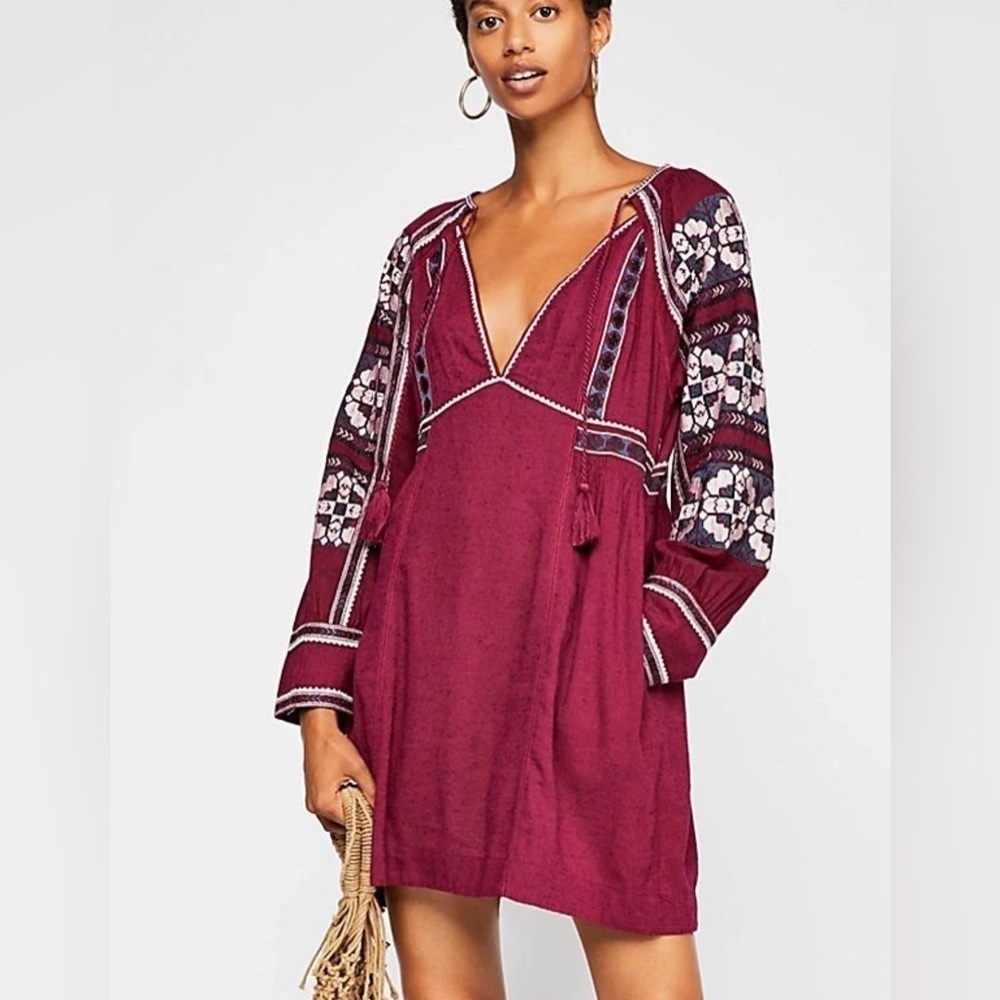 Free People Burgundy Embroidered Long Sleeve Tunic Dress